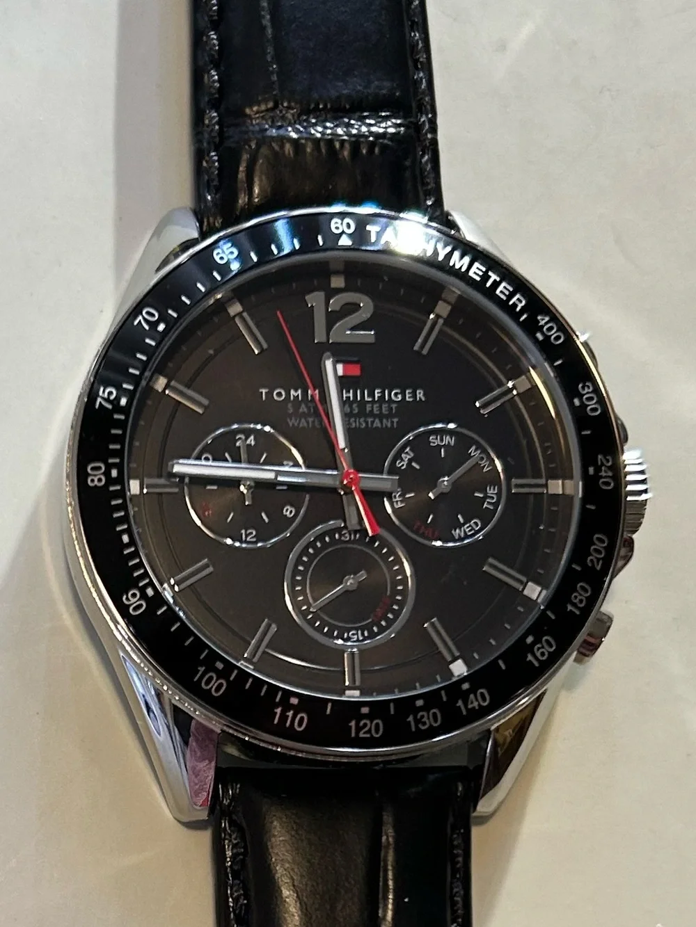 Tommy Hilfiger Watch With 46mm Black Chronograph Face & Black Leather Band